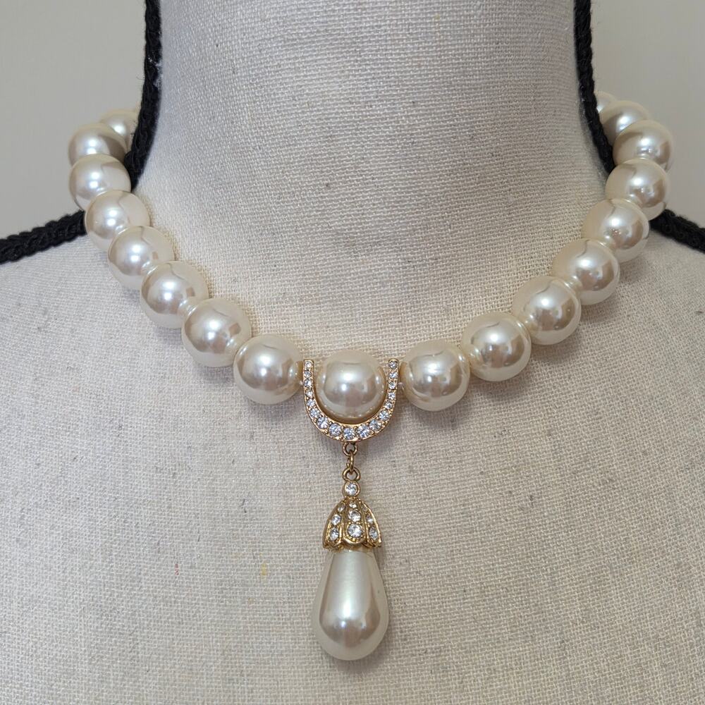 Vintage Marvella Faux Pearl Rhinestone Choker Necklace Ivory Gold Bridal